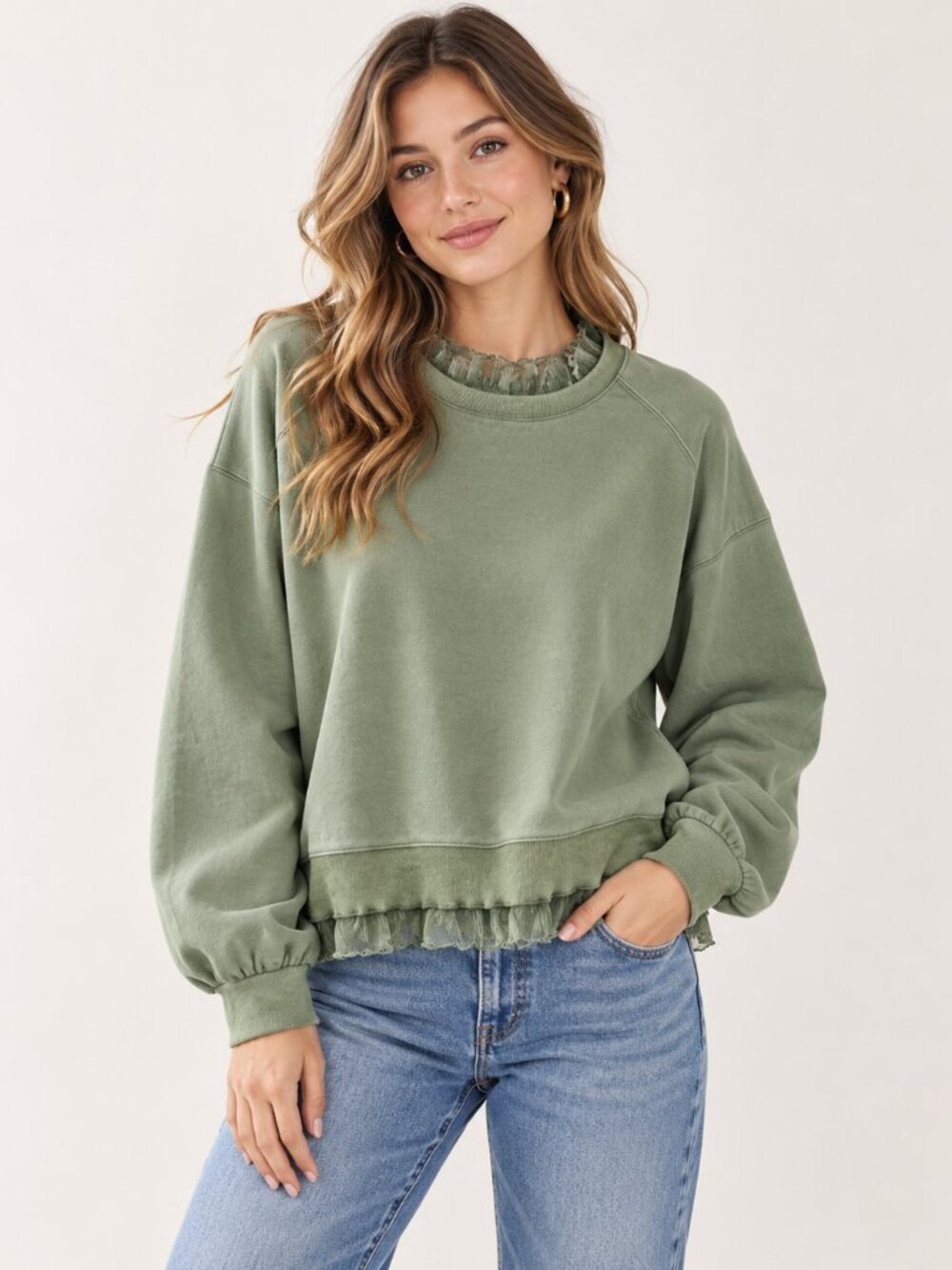 Very J Ruffle Green Feminine Terry Cloth Pullover Sweater Top New